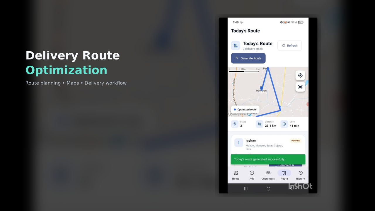 Delivery route optimization screen with map, stops, distance and drive time